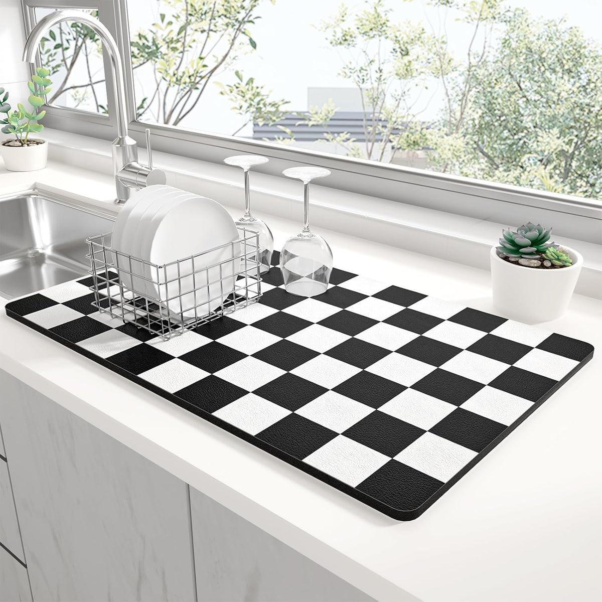 Rnivvi Dish Drying Mat for Kitchen Counter, XL 15 x 24" Cute Checkered Absorbent Draining Pad, Non-Slip Heat Resistant Coffee Bar Mat for Coffee Machine Station Accessories, Black White Dish Rack Pad