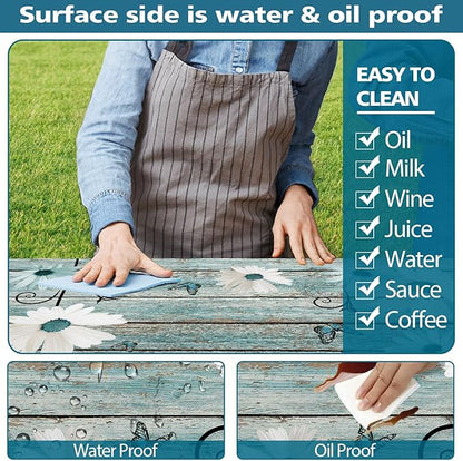 Rustic Daisy Picnic Table Cover with Bench Covers, Waterproof Farmhouse Vintage Floral on Wooden Board Teal Sunflowers Tablecloth for Camping Indoor Outdoor Party Decorations, 30X72in