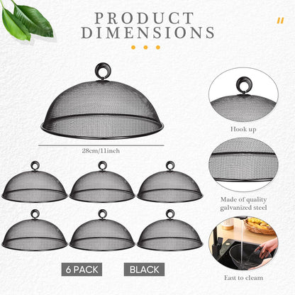 Gerrii 6 Pcs Metal Mesh Food Cover Outdoor Mesh Food Tents Dome Screen Plate Covers for Dinner Plates Reusable Fruit Fly Nets Picnic Food Umbrella for Table, BBQ, Camping, Party (Black,11 Inch)