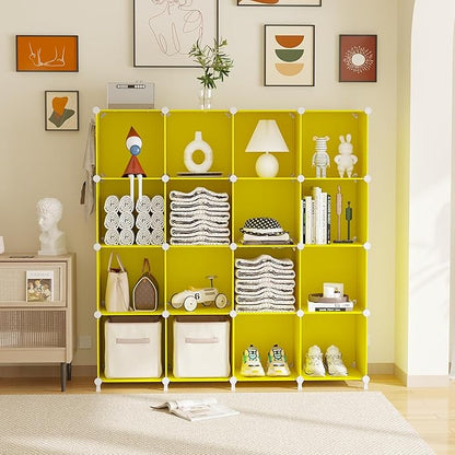 AWTATOS Cube Storage Organizer, Storage Cubes Shelves, 16 Cube Closet Organizers and Storage, DIY Stackable Bookshelf Plastic Clothes Organizer Shelving for Bedroom, Home, Yellow