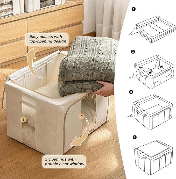 Amiya Clothes Storage Bins with Metal Frame,3-Pack Foldable Linen Fabric Storage Box with Lids, Stackable Organization and Storage Bins with Clear Window,Zippers,Handles(Beige,66L)