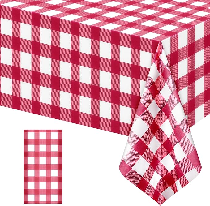 1 Pack Red Striped Gingham Tablecloths, 54 x 108 Inch Disposable Plastic Rectangle Table Covers, Waterproof Red and White Checkered Table Cloths for Picnic, Birthday, Party, Outdoor Events