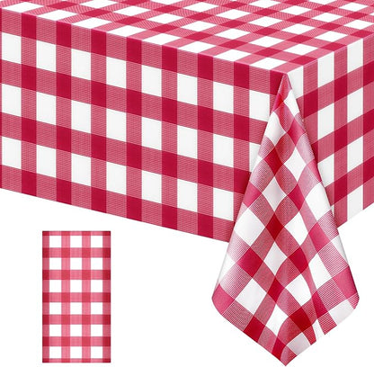 1 Pack Red Striped Gingham Tablecloths, 54 x 108 Inch Disposable Plastic Rectangle Table Covers, Waterproof Red and White Checkered Table Cloths for Picnic, Birthday, Party, Outdoor Events