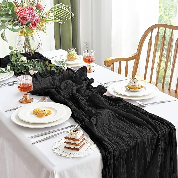 IVAPUPU 2 Pcs Cheesecloth Table Runner - 10ft Black Spring Boho Gauze Black Cheese Cloth Table Runners for Indoor Baby Shower Decorations Wedding Party Garden Decor