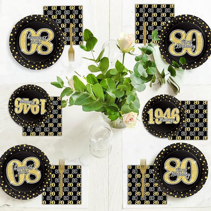 96PCS 80th Theme Birthday Party Tableware Vintage 1946 Party Supplies 80 Year Old Birthday Decorations Plates Napkins Forks Black and Gold Dinnerware Favors for Men or Women