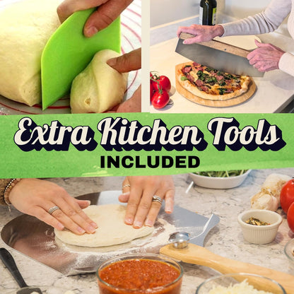 Round Pizza Stone for Oven 16 inch - Large Pizza Stone with Handles, Metal Pizza Peel, Pizza Cutter and Dough Tool - Baking Stone for Oven Bread