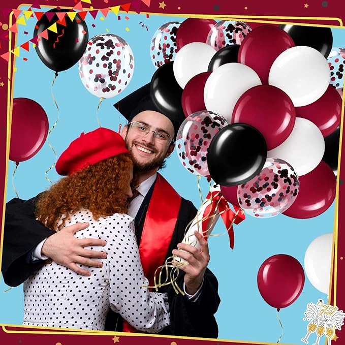 Sratte 60 Pcs 12 Inch Black Red White Balloons Kit Valentine's Day Decorations Confetti Latex Metallic Balloons with 2 Rolls Ribbon Party Favor for Memorial Day Birthdays