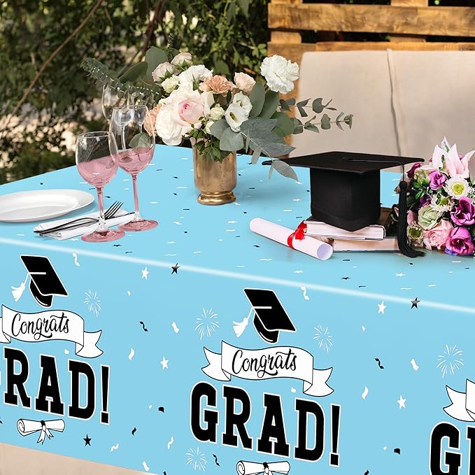 2Pcs Graduation Tablecloth, 108" X 54" Skyblue Graduation Table Decor 2026, Rectangle Tablecloth for Class 2026 Congrats Grad, Disposable Plastic Tablecover for Grad Decor Party Supplies for Kids