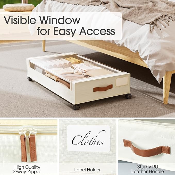 Yecaye 4 Pack Under Bed Storage with Wheels, Under Bed Storage Containers with Lids, Large Under Bed Rolling Storage with Clear Window & Label, Rolling Drawers for Clothes, Blankets, Books