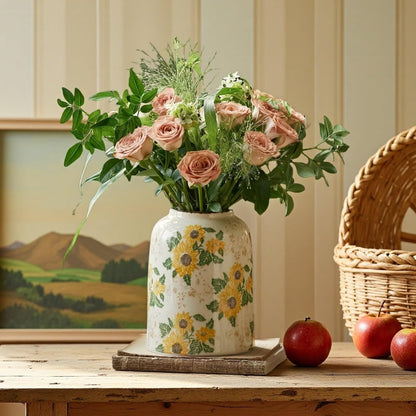 Vintage Ceramic Vase, 7.9 Inch Chinoiserie Sunflower Yellow Floral Vases, Retro Ice Cracked Rustic Antique Flower Vases for Modern Coffee Table Home