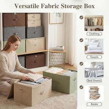 ANMINY 3PCS Storage Bins with Zipper Lids 51.9 Qt Lidded Fabric Storage Boxes Baskets Cubes with Handles Collapsible Washable Cotton Linen Closet Shelf Clothes Organizer - Beige, Extra Large