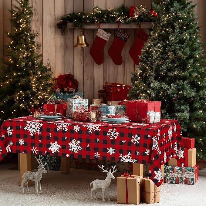 Smiry 3 Pack Gingham Disposable Table Cloth, 54 x 108 Inch Waterproof Plastic Tablecloth, Rectangle Red Checkered Snowflake Table Covers for Christmas, Birthday, Party, Banquet