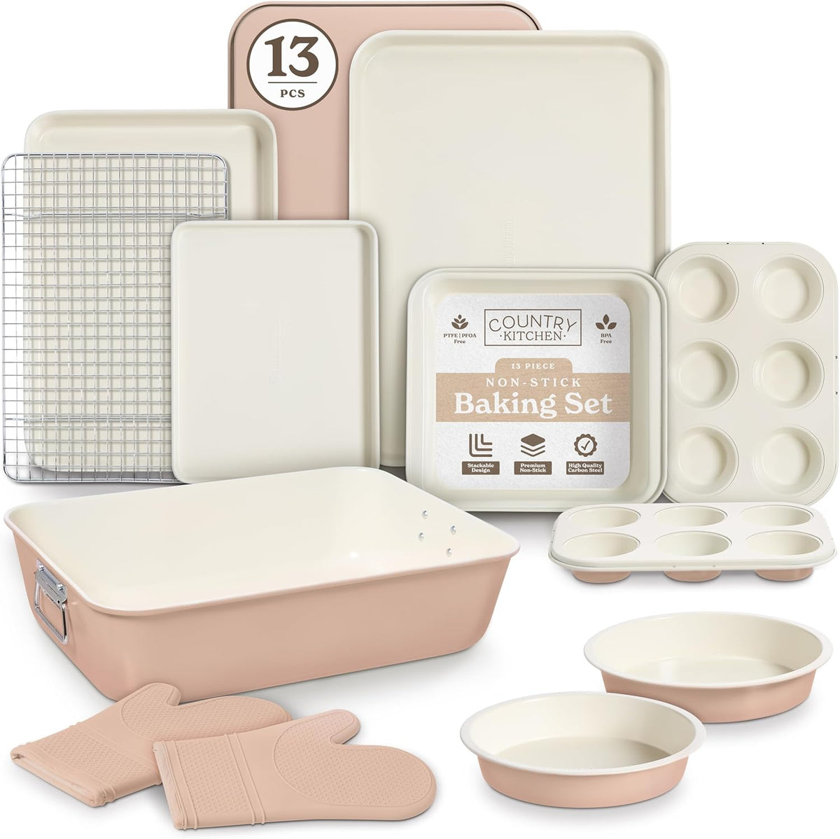 Country Kitchen Nonstick Stackable Bakeware Set - Deluxe Heavy Duty, Durable, Easy Release Baking Set, Taupe, 13 Pcs with Handles