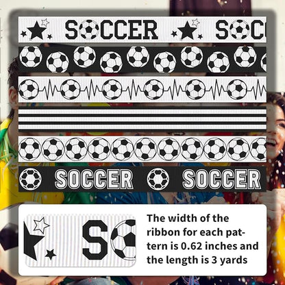 Soccer Ribbon, 6 Pack (5/8 Inch x 3 Yards Each), Black and White Grosgrain Ribbon for Hair Bow, Sports Party Decoration, Team Awards, School Events & Gift Wrapping
