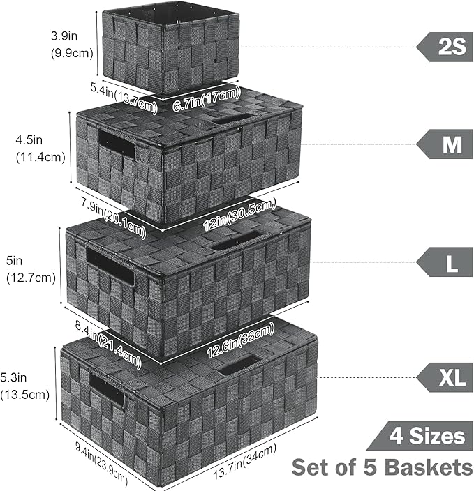 Uvellgift Storage Bins with Lids, Woven Storage Box Organizer Containers Decorative Baskets Cube for Clothes Bedroom Closet Office (5 Pack, Grey)