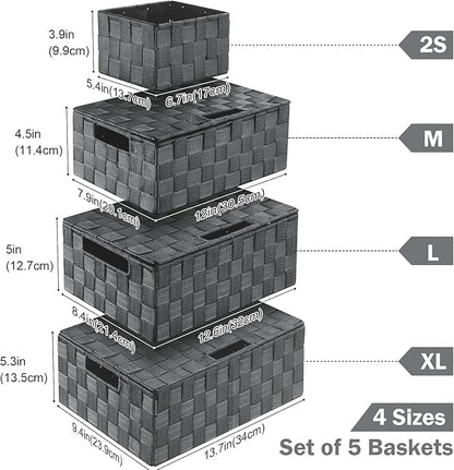 Uvellgift Storage Bins with Lids, Woven Storage Box Organizer Containers Decorative Baskets Cube for Clothes Bedroom Closet Office (5 Pack, Grey)