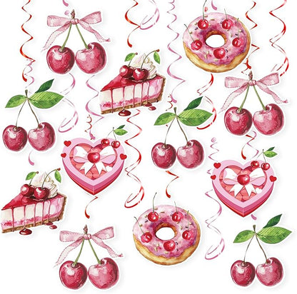 Cherry Hanging Swirls - 30 Pcs Cherry Party Decorations Cherry Bow Donut Ceiling Hanging Streamers for Girls Birthday Baby Shower Party Supplies