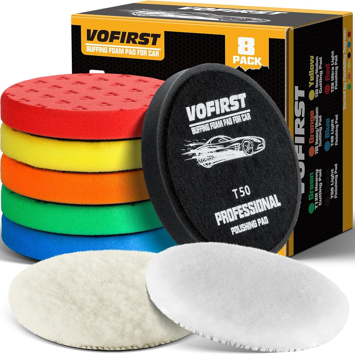 7.5 Inch Buffing Polishing Pads, 8 Pcs Buffing Pads, Car Compound Buffing Sponge Pads and Woolen Pads Cutting Polishing Pad Kit for Car Buffer Polisher Compounding, Polishing & Waxing