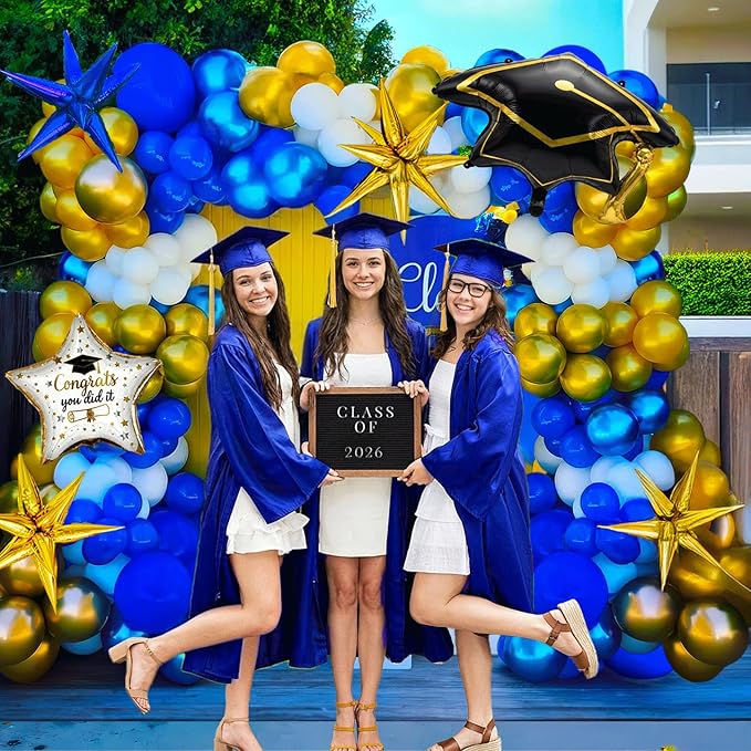 Royal Blue and gold Graduation Balloon Garland Kit with Gaduation cap diploma and explosion star foil balloons for Luxurious Graduation Party Decorations the Class of 2026 supplies
