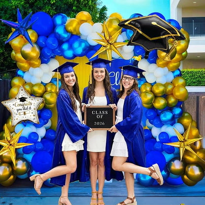 Royal Blue and gold Graduation Balloon Garland Kit with Gaduation cap diploma and explosion star foil balloons for Luxurious Graduation Party Decorations the Class of 2026 supplies