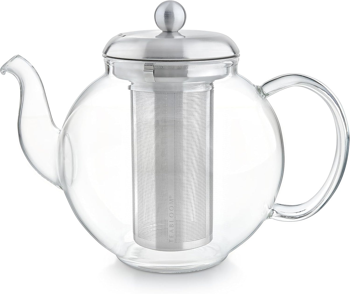 Teabloom Heritage Borosilicate Glass Teapot – 40 oz Classic Round Design with Stainless Steel Infuser – Stovetop Safe, Drip-Free Spout
