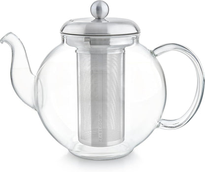 Teabloom Heritage Borosilicate Glass Teapot – 40 oz Classic Round Design with Stainless Steel Infuser – Stovetop Safe, Drip-Free Spout