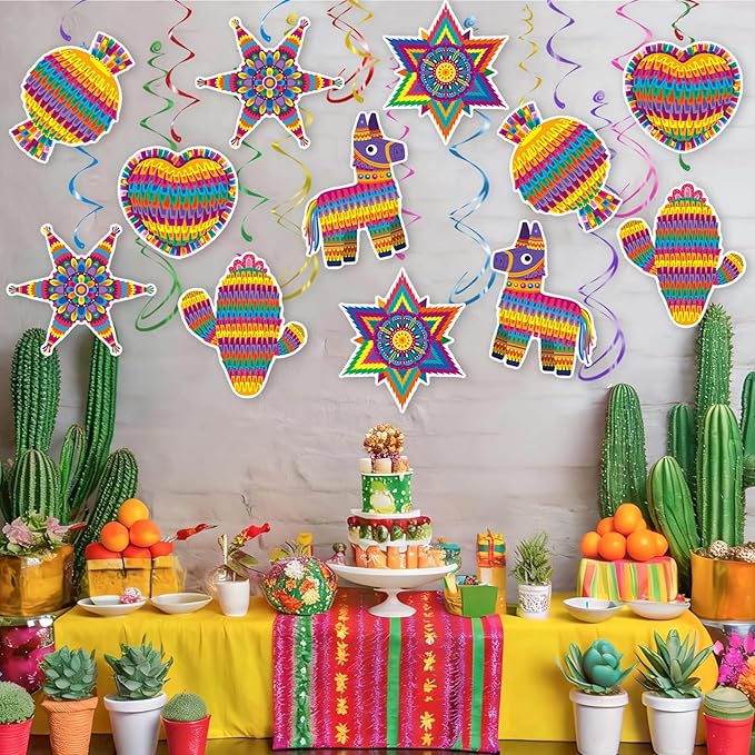 Mexican Fiesta Hanging Swirls - 30 Pcs Cinco De Mayo Decorations Ceiling Hanging Streamers for Mexican Fiesta Cactus Themed Birthday Baby Shower Party Decorations