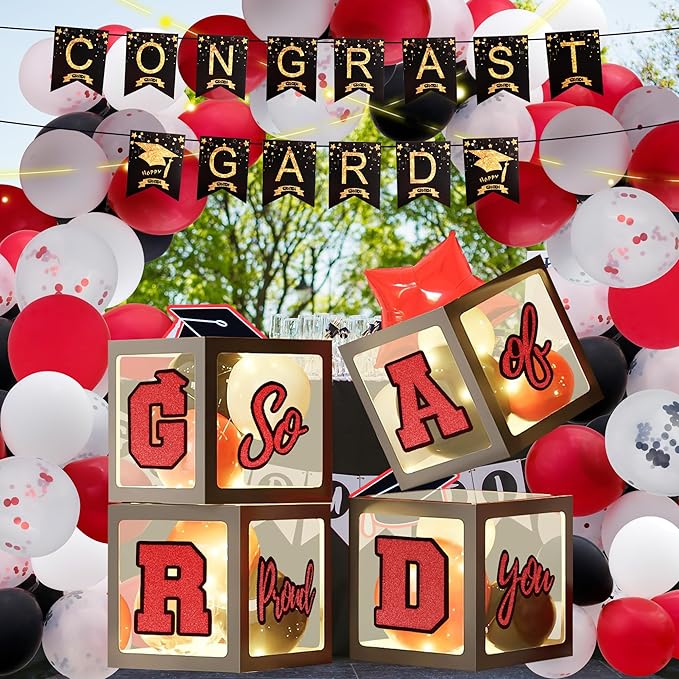 146 PCS Graduation Decorations 2025, Graduation Party Decor Class of 2025 Set of Balloons Boxes with Letters 2025 GRAD So Proud of You, Congrats Grad Party Decorations for Any Grades