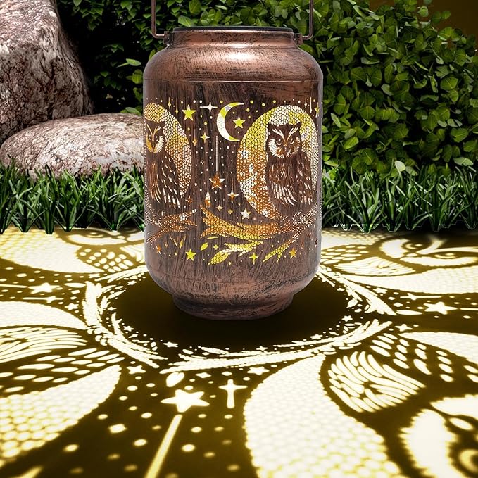 Solar Lanterns Outdoor Waterproof - Retro Metal Hanging Solar Lights with Owl Hollow-Out Pattern, Decorative Garden Decor for Outside Patio Yard Porch, Unique Owl Lovers Gifts for Women Mom Grandma