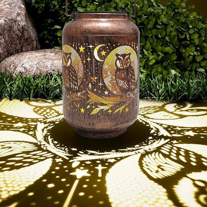 Solar Lanterns Outdoor Waterproof - Retro Metal Hanging Solar Lights with Owl Hollow-Out Pattern, Decorative Garden Decor for Outside Patio Yard Porch, Unique Owl Lovers Gifts for Women Mom Grandma