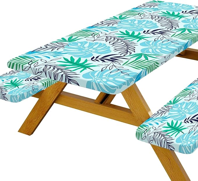 Palm Leaf Picnic Table Cover with Bench Covers, Waterproof Summer Tropical Hawaiian Green Leaves Tablecloth for Camping Indoor Outdoor Party Decorations, 30X60in