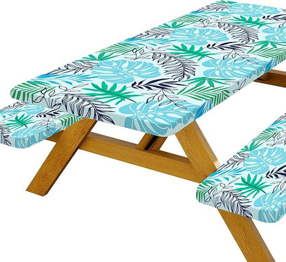 Palm Leaf Picnic Table Cover with Bench Covers, Waterproof Summer Tropical Hawaiian Green Leaves Tablecloth for Camping Indoor Outdoor Party Decorations, 30X60in