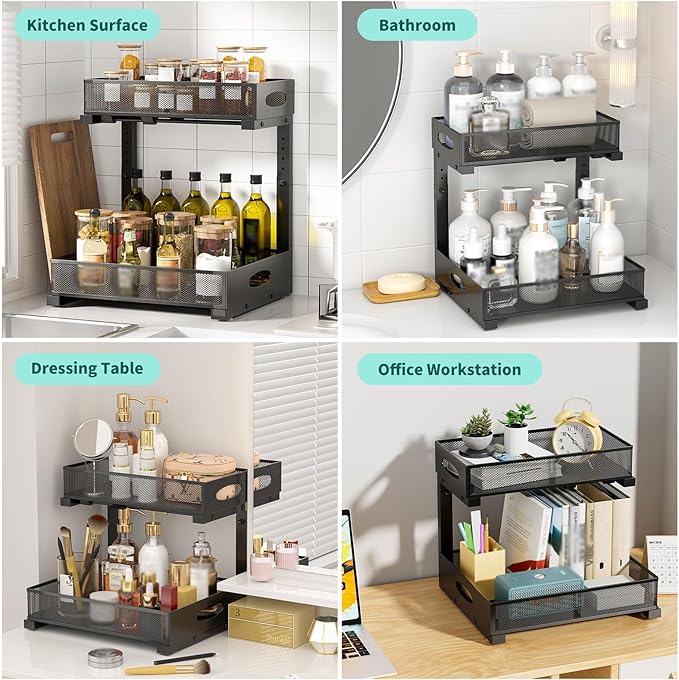 Under Sink Organizer, Extra-Wide Upgrade, 1-Pack of 2-Tier Metal Slide Out Cabinet Organizer, Height Adjustable Organization and Storage Series, Bathroom/Cabinet/Kitchen organization, Black