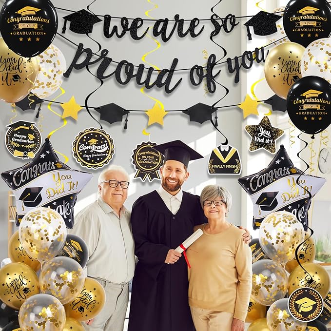 Graduation Decorations Class of 2026, Black and Gold Graduation Balloons with Hanging Swirl, We are So Proud of You Banner, Congrats Grad Garland Party Supplies