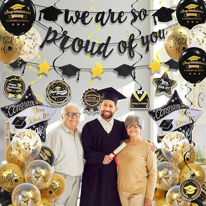 Graduation Decorations Class of 2026, Black and Gold Graduation Balloons with Hanging Swirl, We are So Proud of You Banner, Congrats Grad Garland Party Supplies