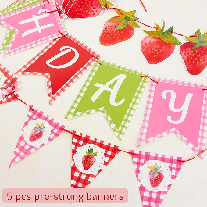 Strawberry Birthday Banners, 5 Pcs Girl Party Banners, Berry First Birthday Decor for Girls, Strawberry Baby Shower