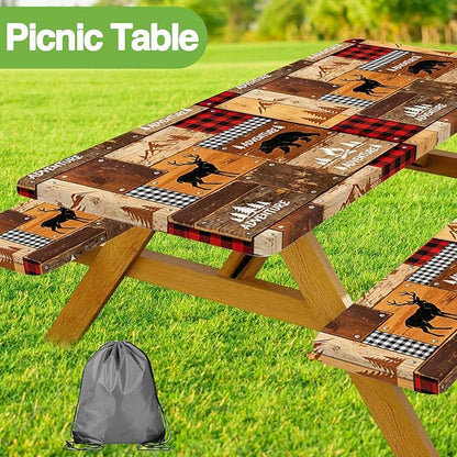 JAWO Rustic Cabin Style Picnic Table Cover with Bench Covers, Elastic Fitted Tablecloth, Lumberjack Buffalo Plaid & Bear Deer Adventure Pattern for Camping, Hunting Trips, 96x30 Inch