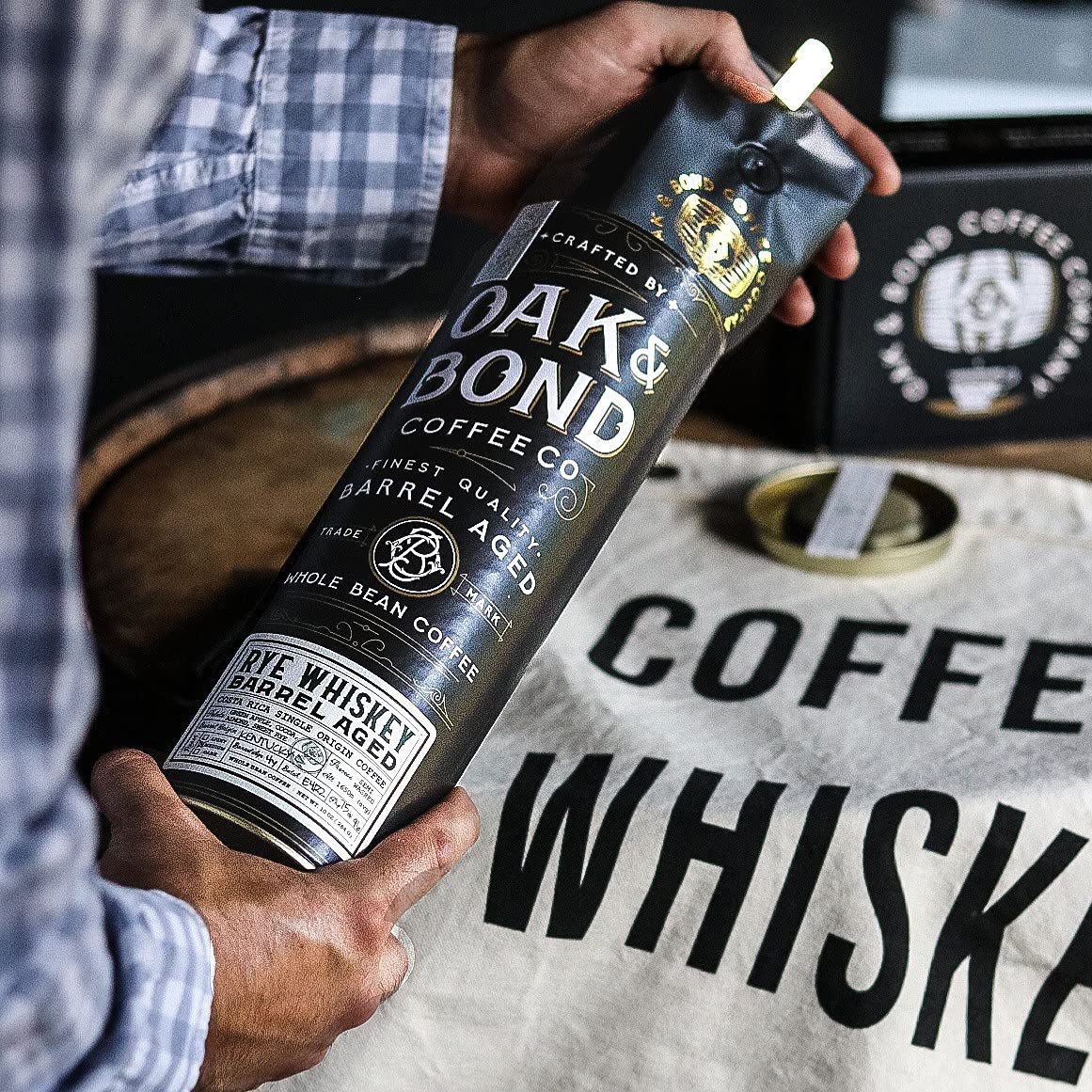Rye Whiskey Barrel Aged Coffee, Costa Rica Single Origin Small Family Farm Whole Coffee Bean, Medium Roast w/Flavor Notes of Cocoa, Almond, Sweet Rye, Green Apple by Oak & Bond Coffee Co. – 10oz.