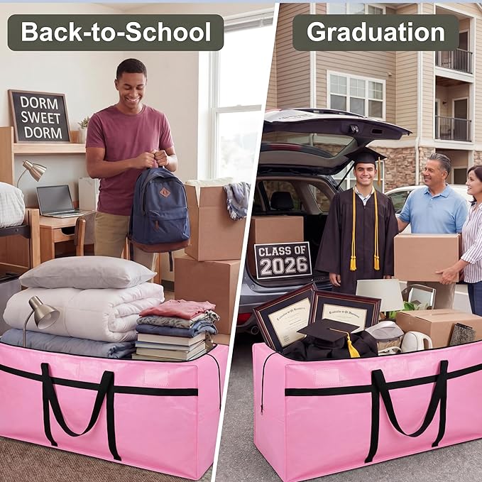 Windyun 4 Pack 98 Gallon Extra Large Moving Bags XXL Heavy Duty Storage Bag with Strong Zipper Handle Jumbo Big Tote Box Foldable for College Dorm Travel Clothes Duffle Blanket Pillow(Pink)