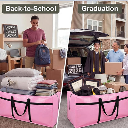 Windyun 4 Pack 98 Gallon Extra Large Moving Bags XXL Heavy Duty Storage Bag with Strong Zipper Handle Jumbo Big Tote Box Foldable for College Dorm Travel Clothes Duffle Blanket Pillow(Pink)