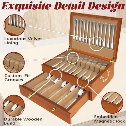 Silverware Storage Box Solid Wood with Lid, 2 Layer Silverware Storage Chest, 15.5'' ×11.5'' Silverware Organizer with Handle and Felt Lined, Chest for Flatware Setting Up 30