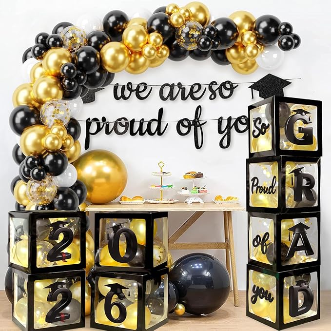 2026 Graduation Balloon Boxes Decorations, 4pcs Graduation Blocks with 32pcs Balloons “GARD” “2026” Letters, So Pround of You Decorations for Class of 2026 Party Supplies for College, High School