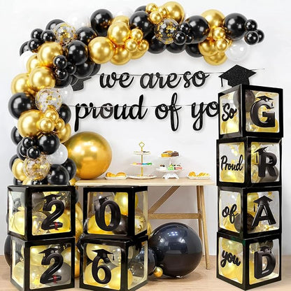 2026 Graduation Balloon Boxes Decorations, 4pcs Graduation Blocks with 32pcs Balloons “GARD” “2026” Letters, So Pround of You Decorations for Class of 2026 Party Supplies for College, High School