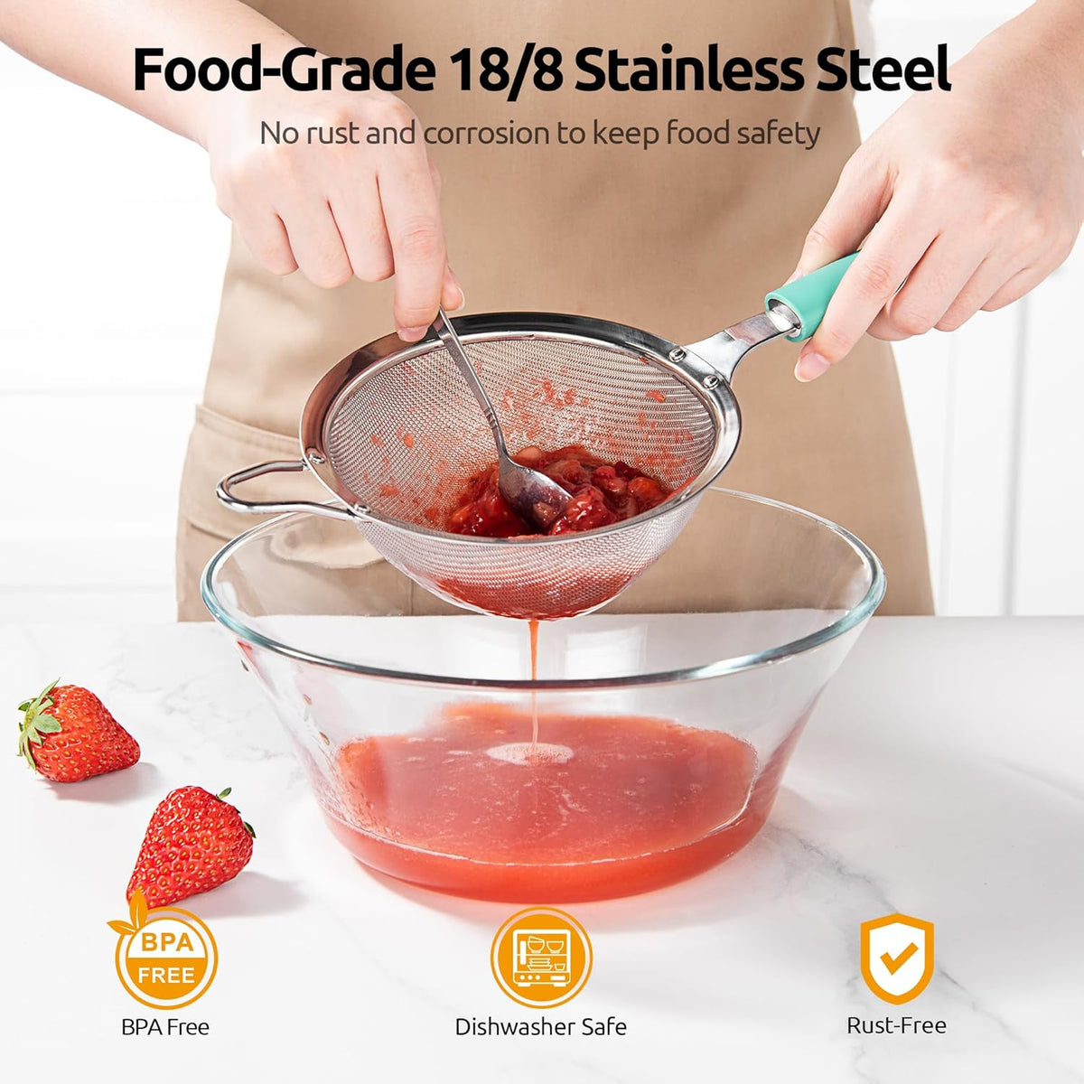 U-Taste Medium Fine Mesh Strainer: 18/8 Stainless Steel 4.73in 30 Mesh Kitchen Food Sieve with Sturdy Riveted Silicone Handle, Heavy Duty Deep Handheld Metal Colander for Rice, Quinoa, Flour(Aqua Sky)
