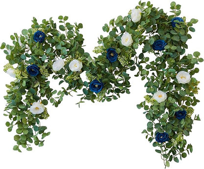 PARTY JOY 2pcs 6.56ft Eucalyptus Garland with Flowers-8 Blue White Roses, Artificial Fake Flowers Greenery Garland Floral Vines for Decoration Party Wedding Table Indoor Outdoor Backdrop Wall Decor
