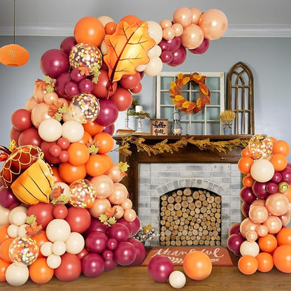 DBKL 138pcs Fall Balloon Garland Arch Kit with Orange Dusty Pink Wine Red Rose Gold Confetti Balloons Maple Leaf Pine Cones Foil Balloons for Thanksgiving Autumn Fall Birthday Shower Party Decorations
