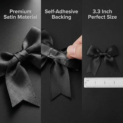Black Gift Wrap Bows – 100 Pcs 3.3 Inch Elegant Satin Ribbon Bows for Men's Gifts & Black Tie Wedding – Halloween Decor, Formal Events, Gift Wrapping, Party Decorations (Includes 50 Adhesive)