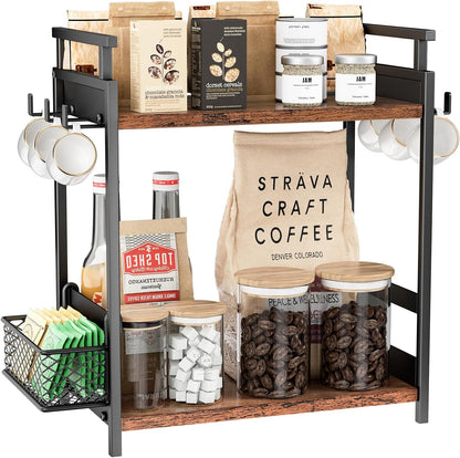 KLM 2 Tier Coffee Bar Organizer for Home Office, Spice Rack for Countertop, Kitchen Counter Storage Shelf with Hanging Basket, Coffee and Tea Condiment Station Organizer