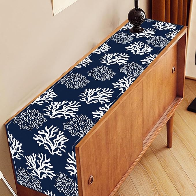 Coastal Table Runner, Summer Seasonal Beach Navy Blue Coral Nautical Tropical Ocean Marine Farmhouse Rustic Table Center Decor for Home Kitchen Dining Patio Indoor Outdoor Decorations, 13"x36" Inch