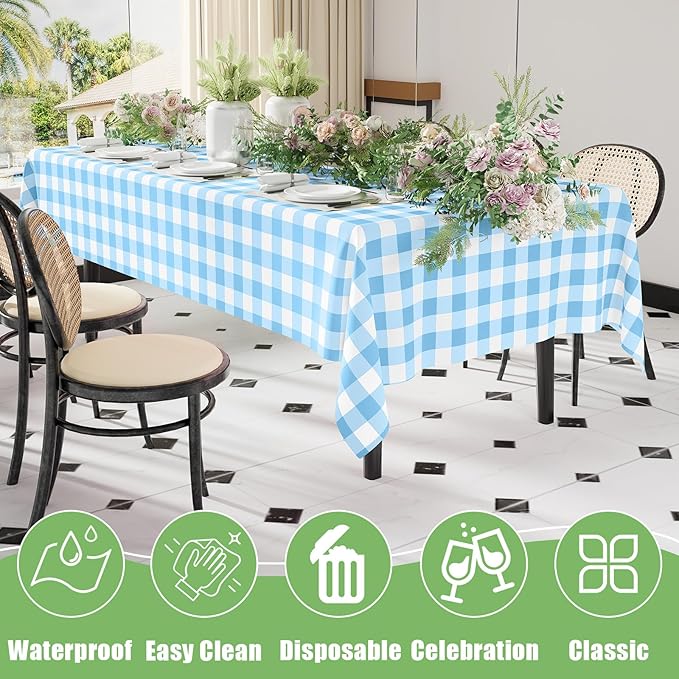 Smiry 6 Pack Baby Bule Gingham Disposable Tablecloths - 54" x 108" Heavy Duty Plastic Table Cloth, Waterproof Buffalo Plaid Table Covers for Picnic, Banquets, Parties
